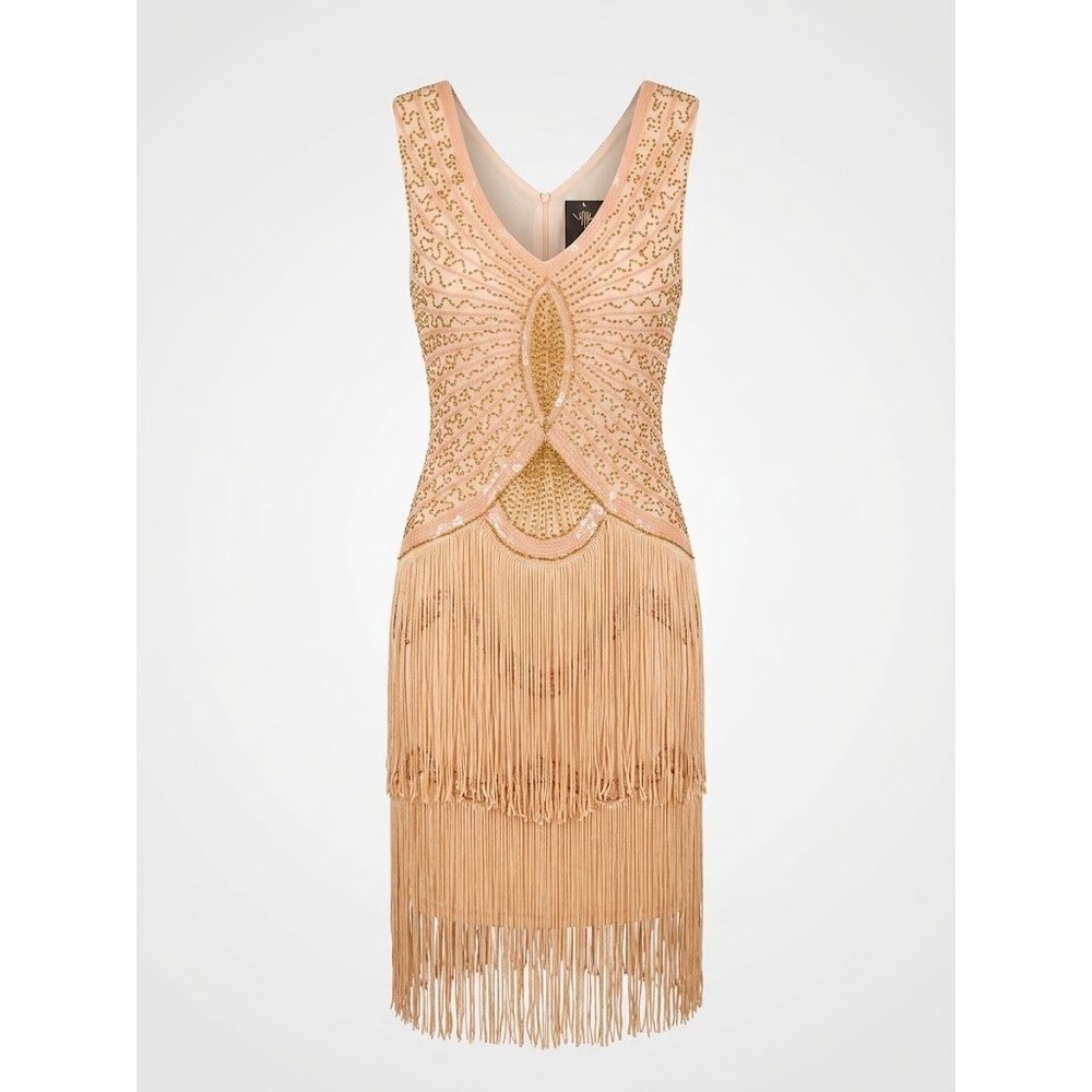 NWT VIJIV Dress Womens S Champagne 1920s Flapper Great Gatsby Beaded Art Deco